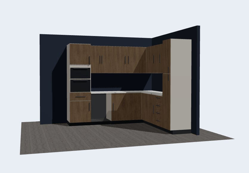 Cocina en L diseñada con el planificador 3D: puertas de madera oscura, hueco para electrodoméstico, paredes azul marino y suelo de tarima